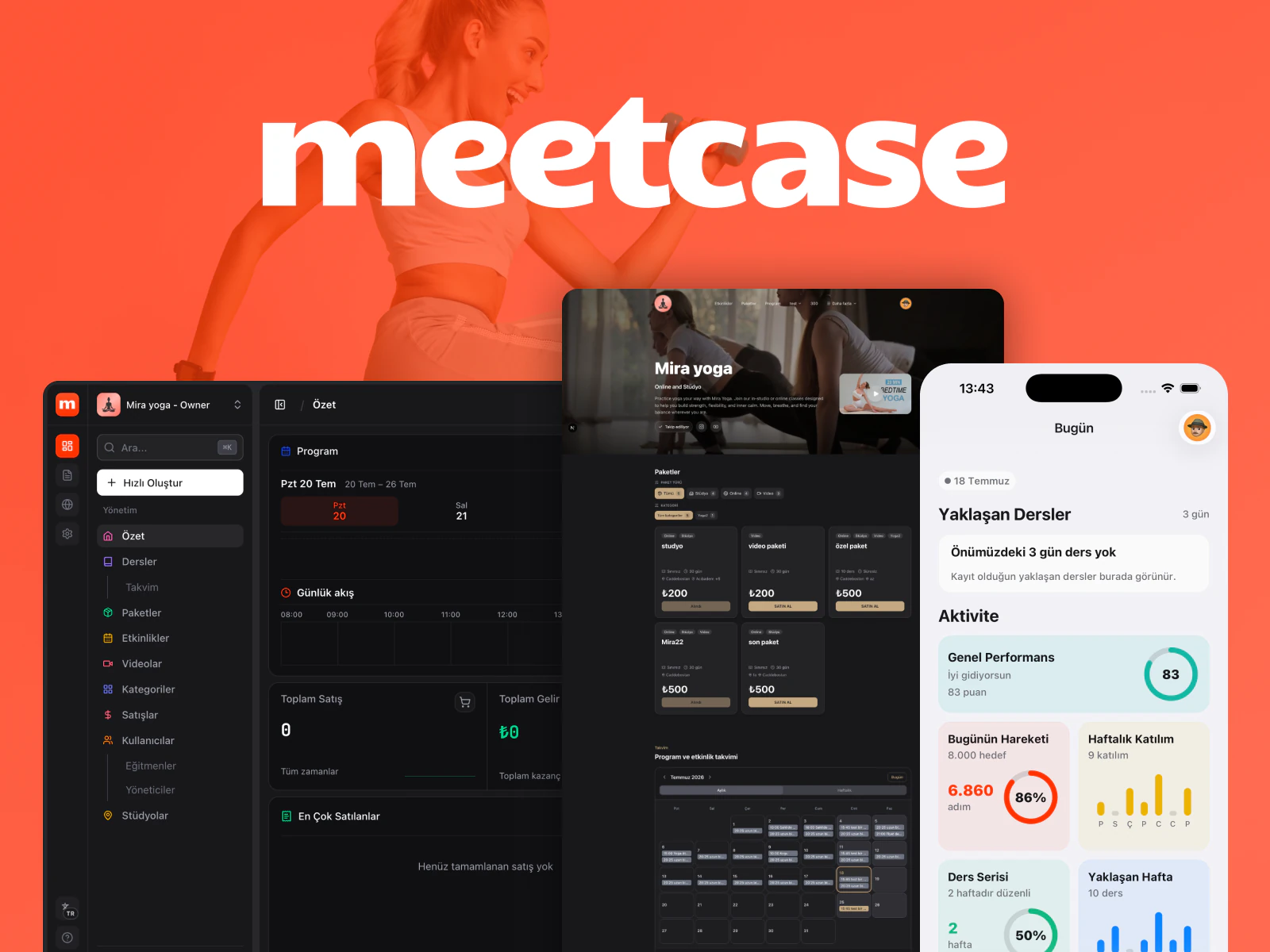 MeetCase studio platform shown across its desktop, web, and mobile experiences.