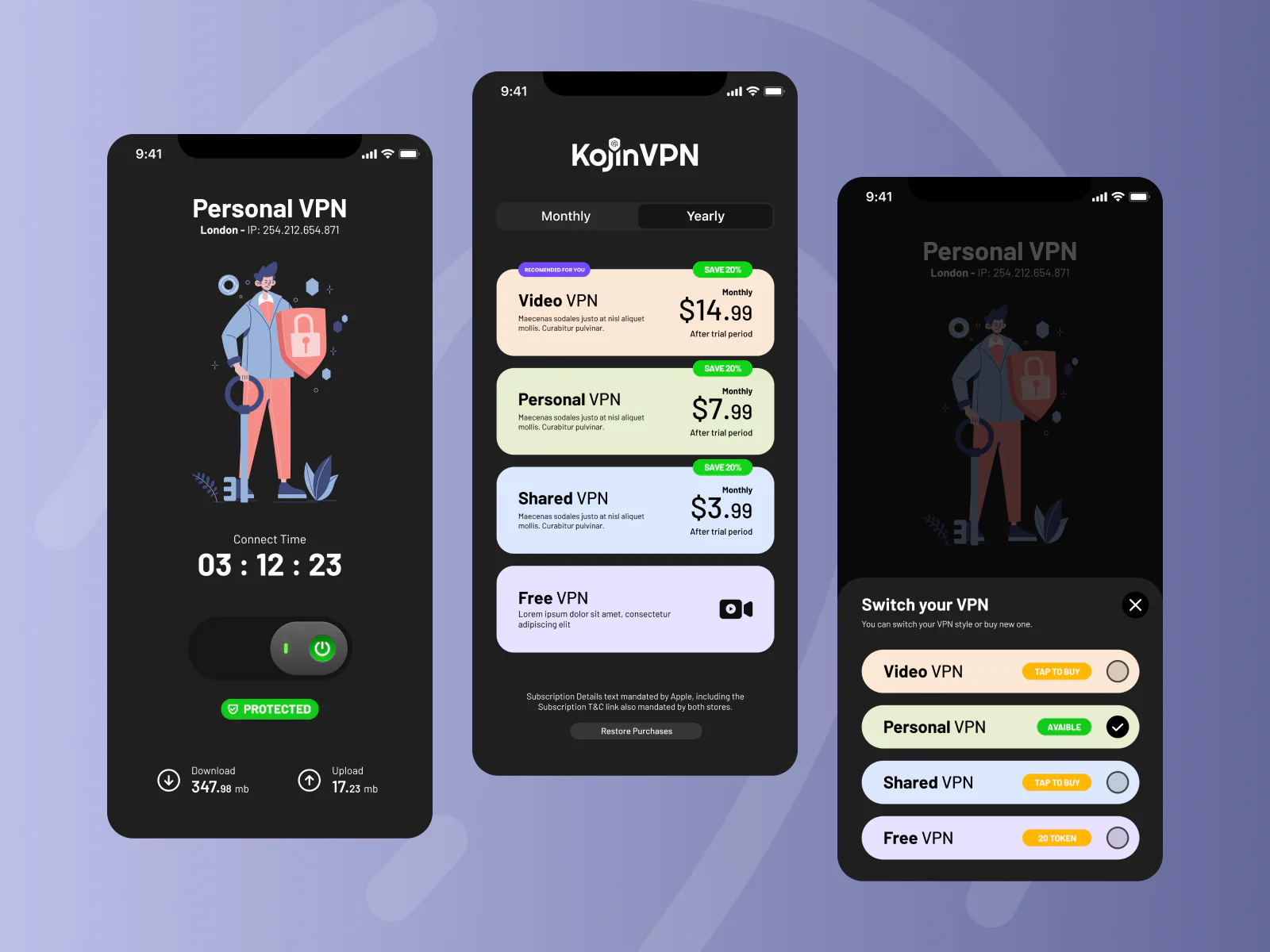 Kojin VPN dark-mode screens for connection, plan selection, and VPN switching.