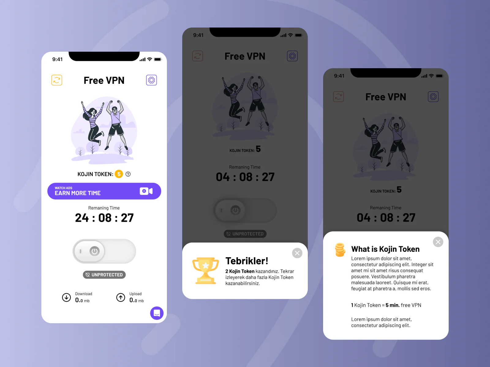 Kojin VPN free session screens with token rewards and a help sheet.