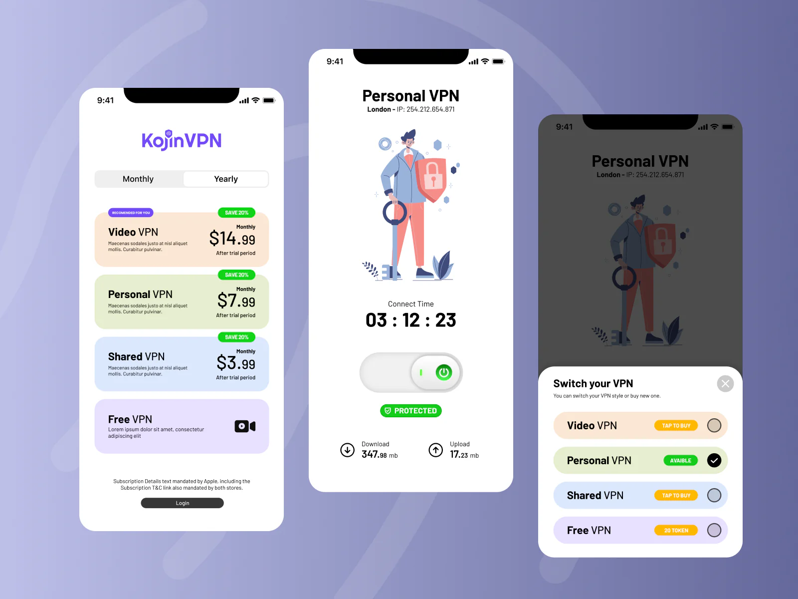 Kojin VPN light-mode screens for plan selection, protection, and switching VPN services.