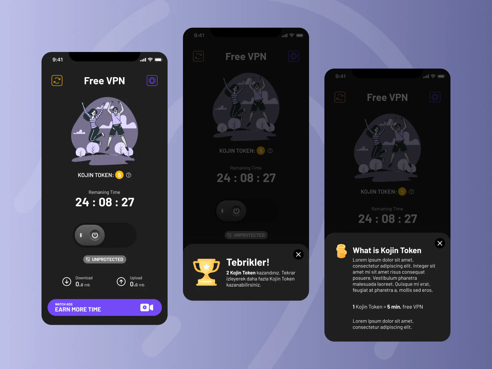 Kojin VPN dark-mode free session screens with token rewards and help information.