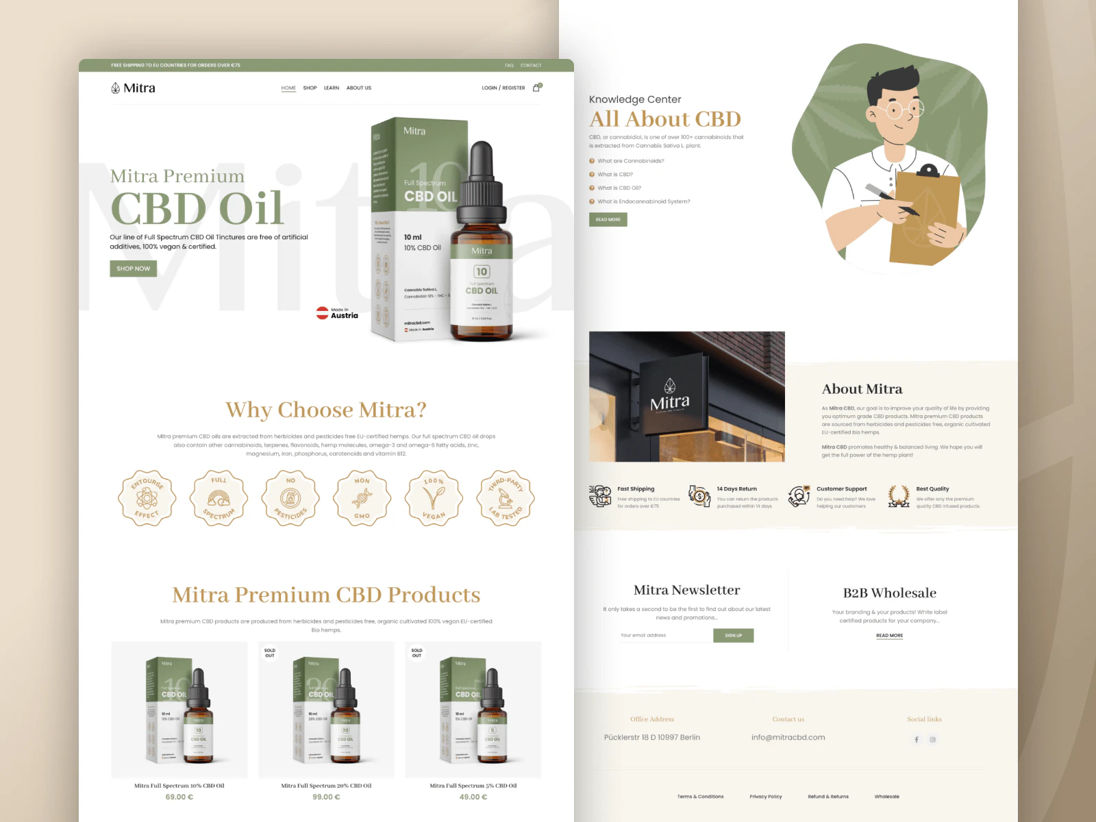 Mitra CBD e-commerce website home and information pages.