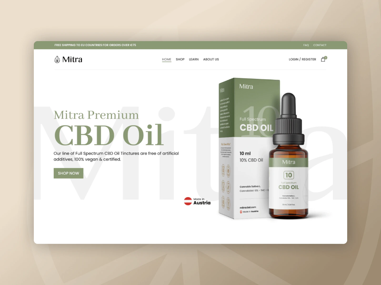 Mitra CBD website home screen with product and brand content.