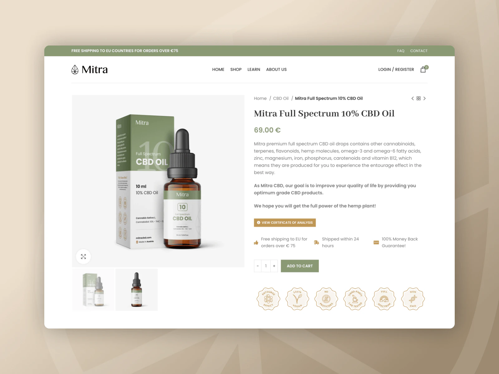 Mitra CBD product detail page with product information and purchasing controls.