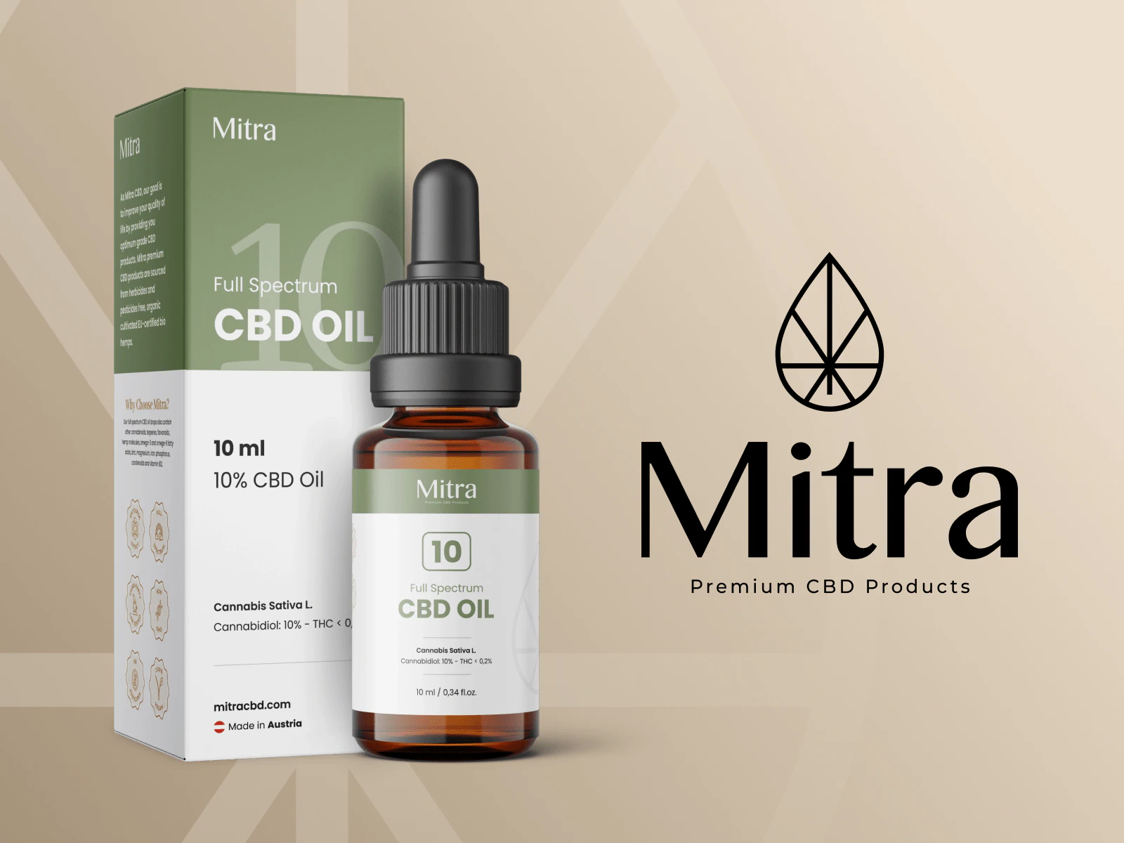 Mitra CBD oil packaging, product bottle, and brand mark on a warm neutral background.