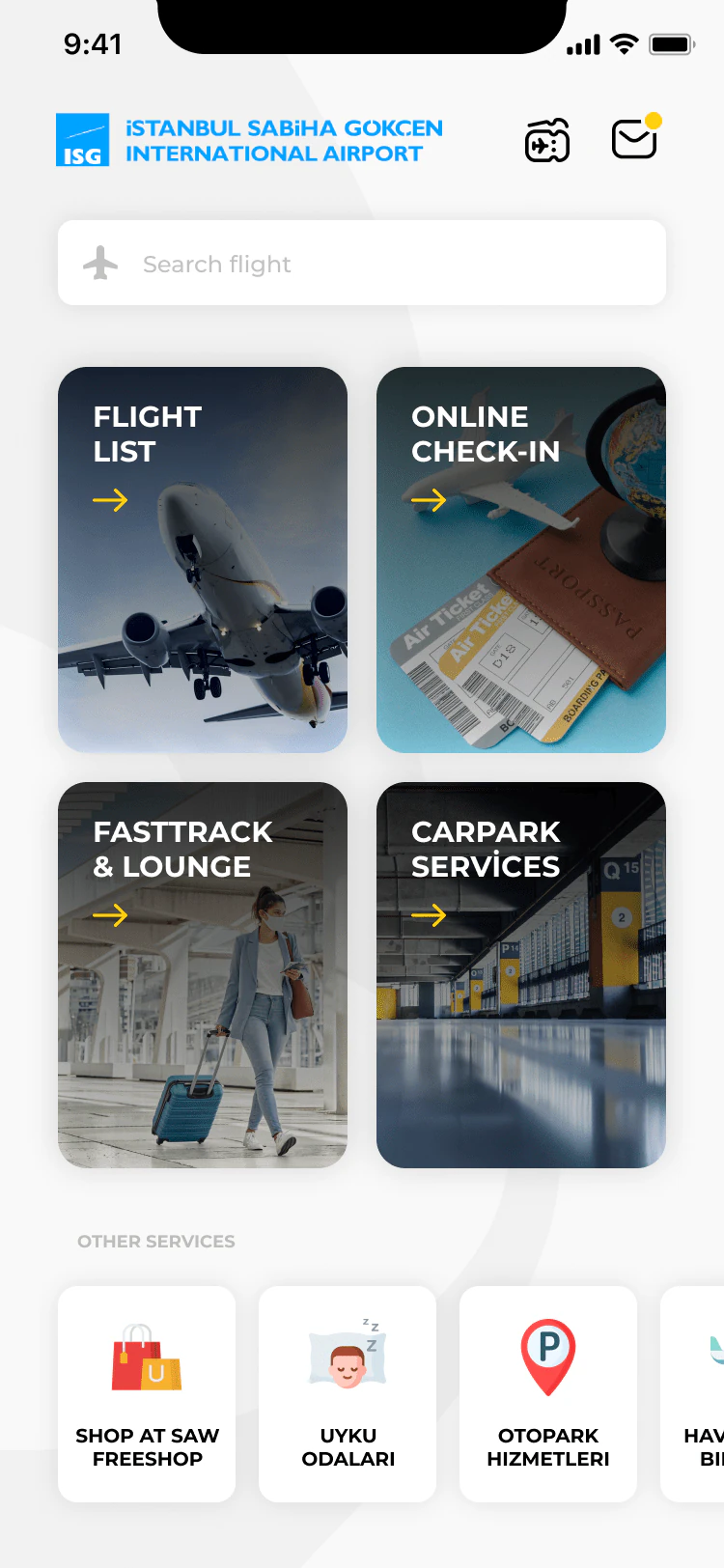 Airport app home screen with flight list, online check-in, lounge, and car park service cards.