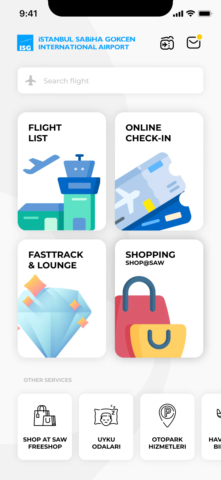 Airport app home screen using illustrated flight, check-in, lounge, and shopping cards.