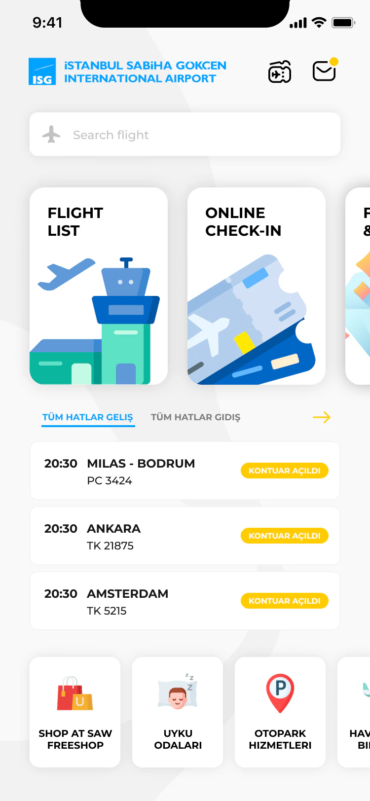 Airport app home screen with flight arrivals and departures listed below service cards.