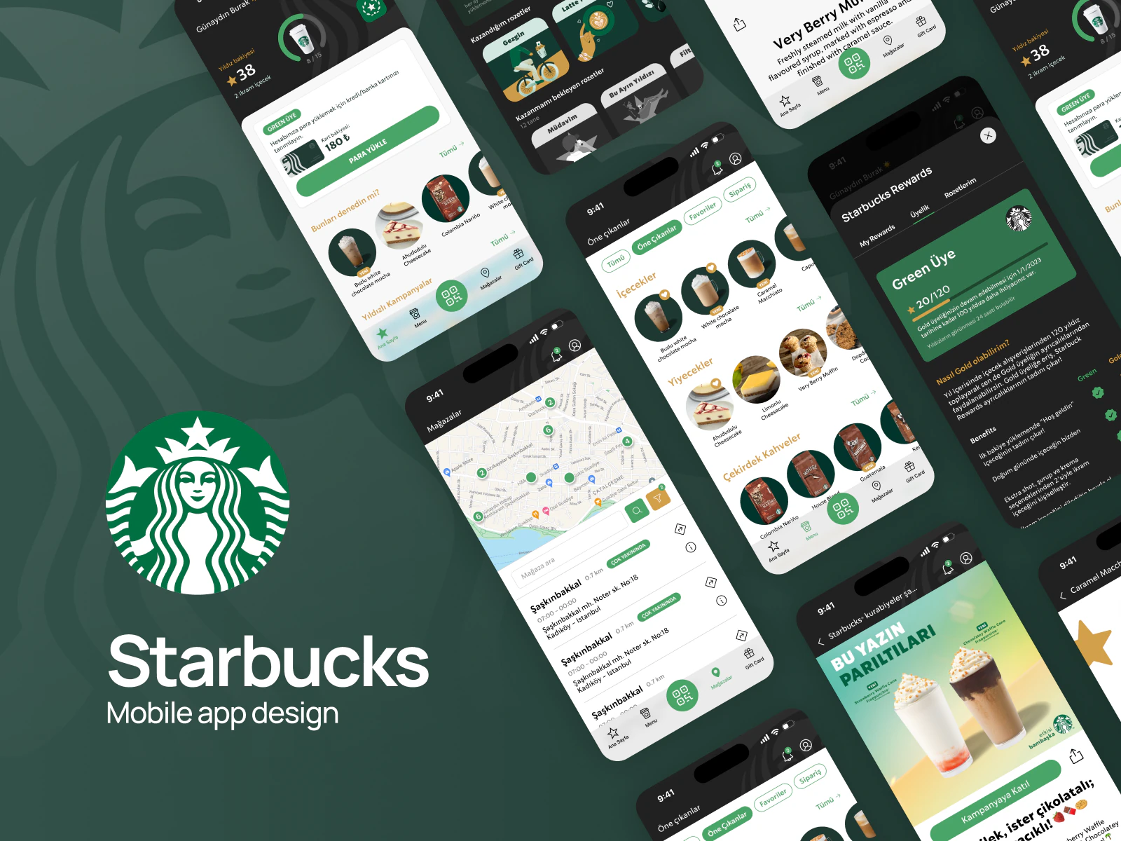 Starbucks mobile app screens arranged over a deep green brand background.