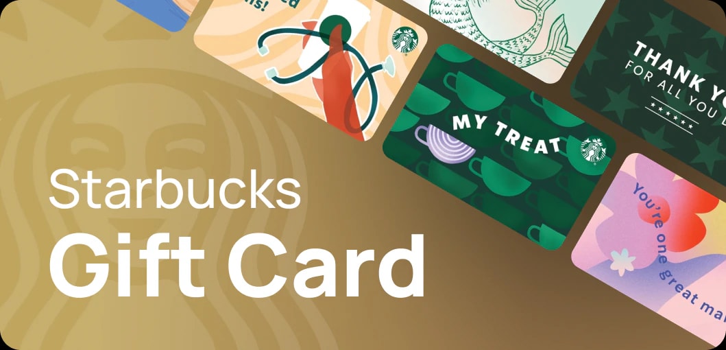 Starbucks Gift Card designs in gold and green variants.