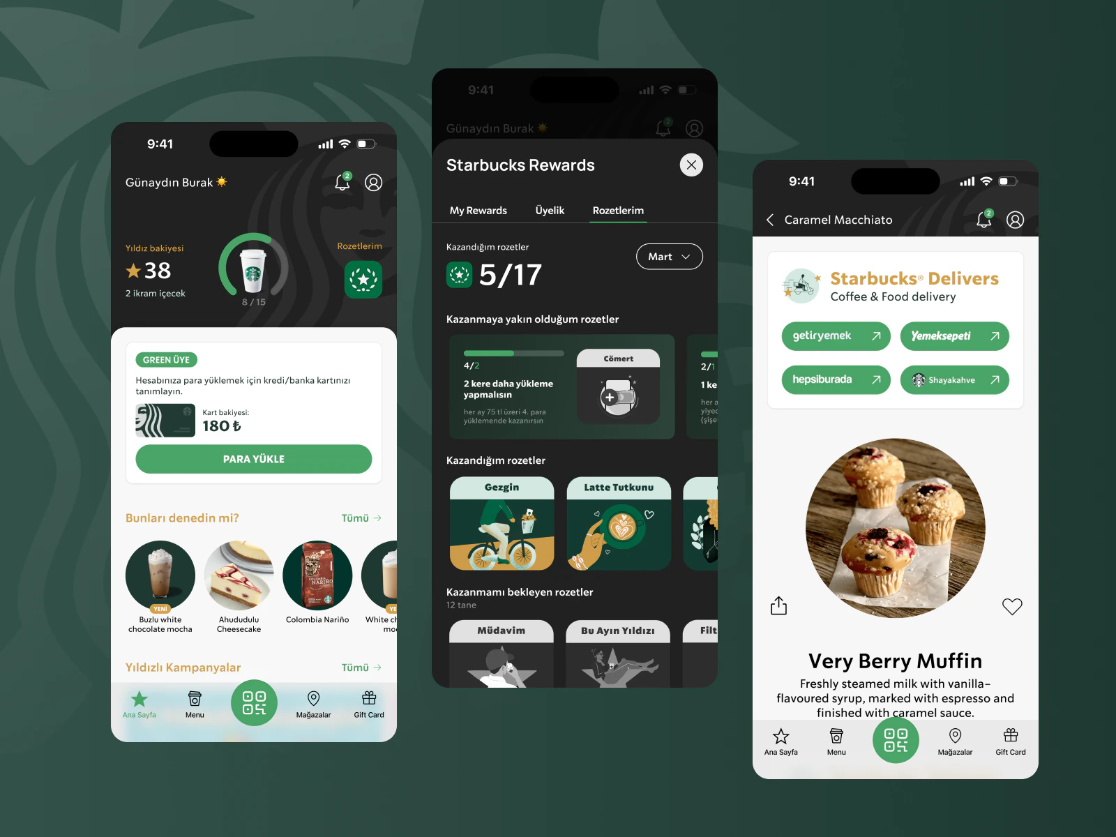 Starbucks mobile app screens for home, rewards, and delivery.