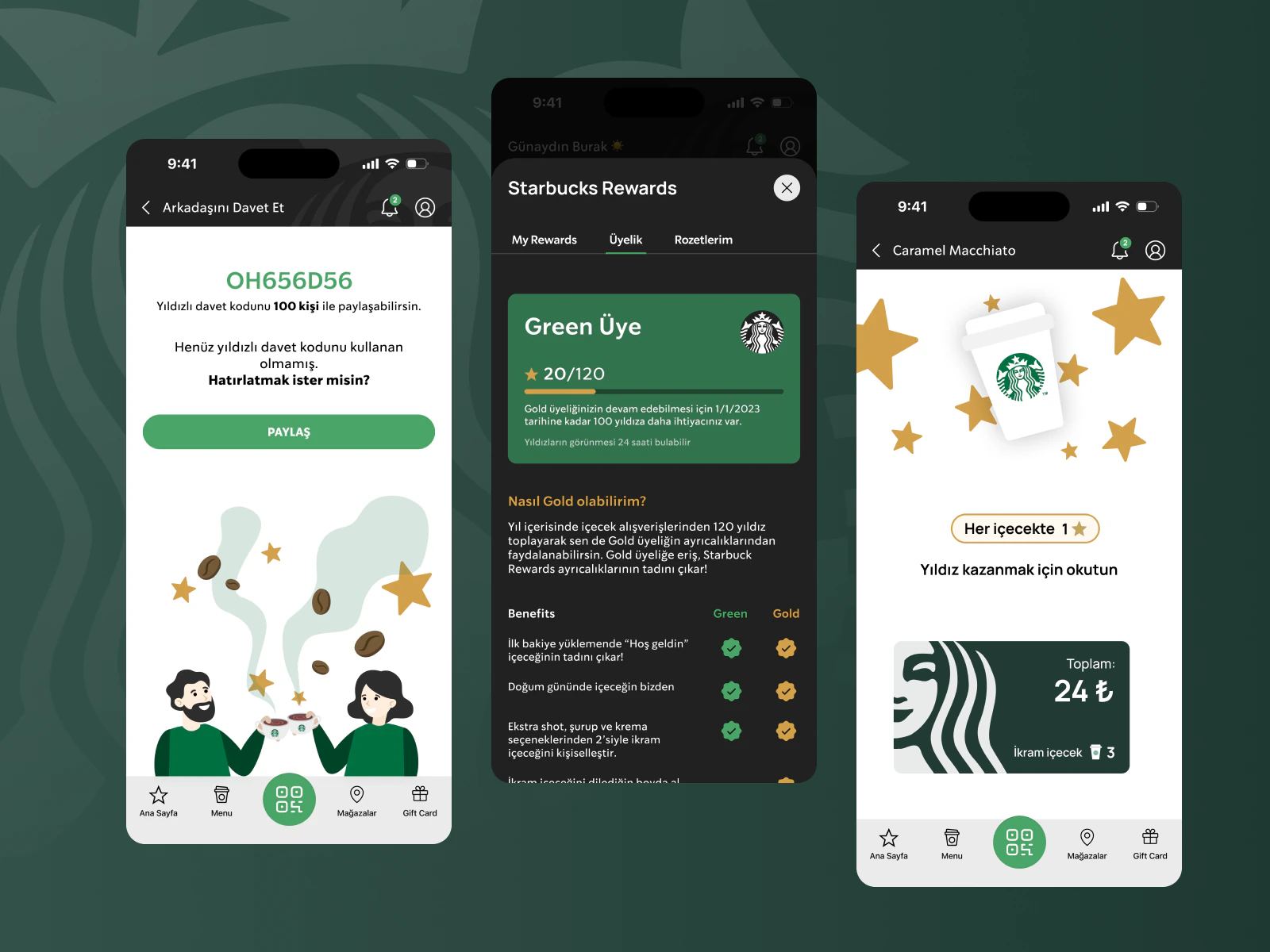 Starbucks mobile app screens for inviting friends, membership, and rewards.
