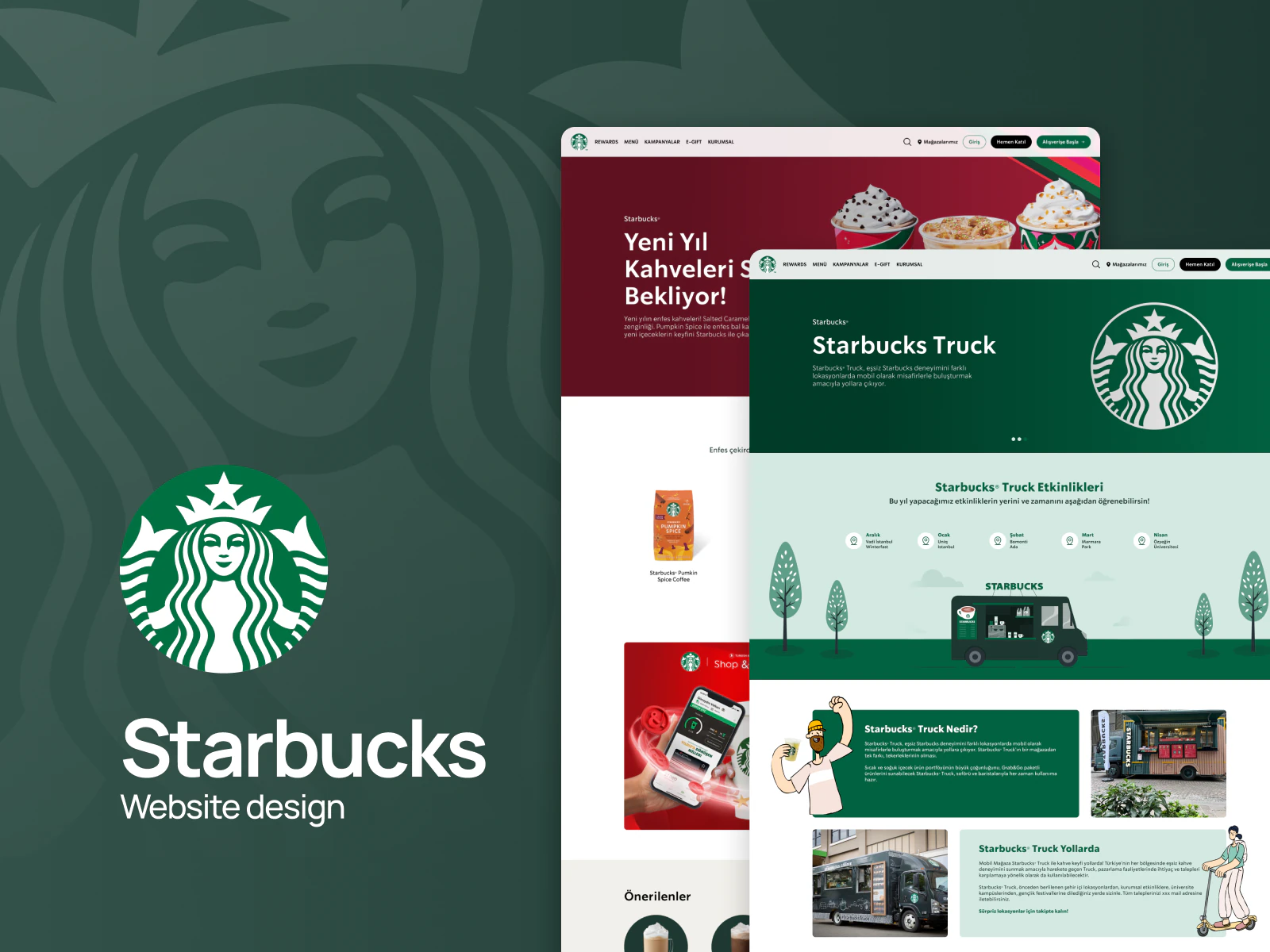 Starbucks Turkey website concepts featuring product, campaign, and Starbucks Truck screens.