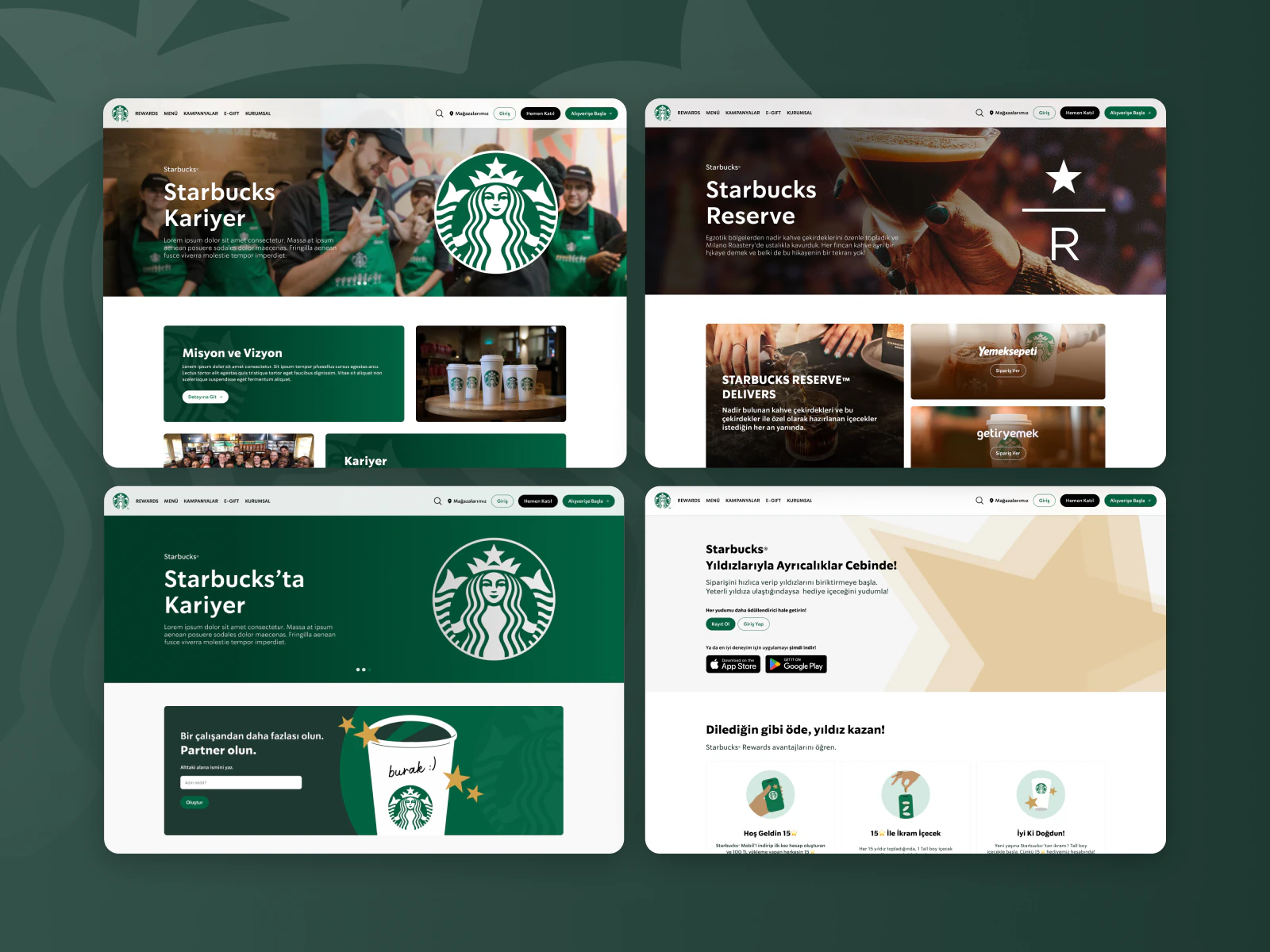 Starbucks Turkey website experiences for careers, reserve, and rewards.