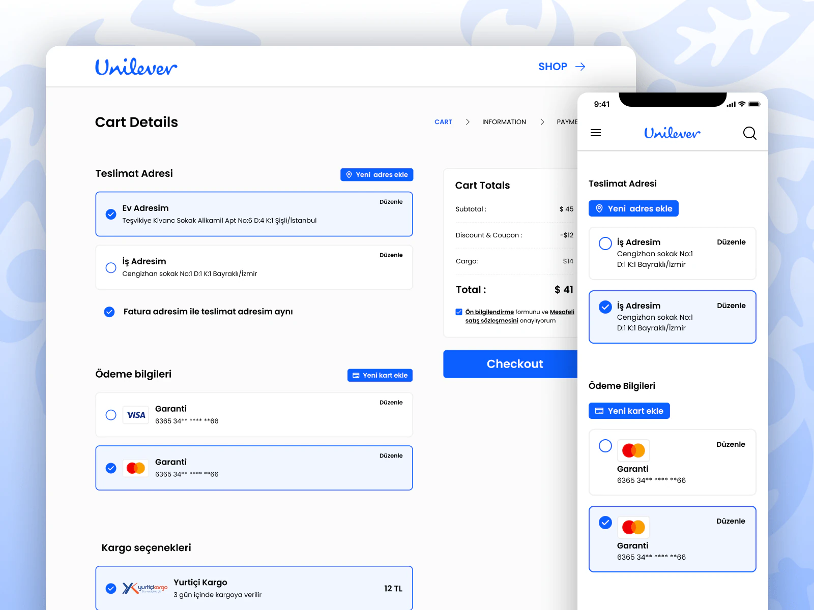 Unilever order history and saved credit card interfaces.