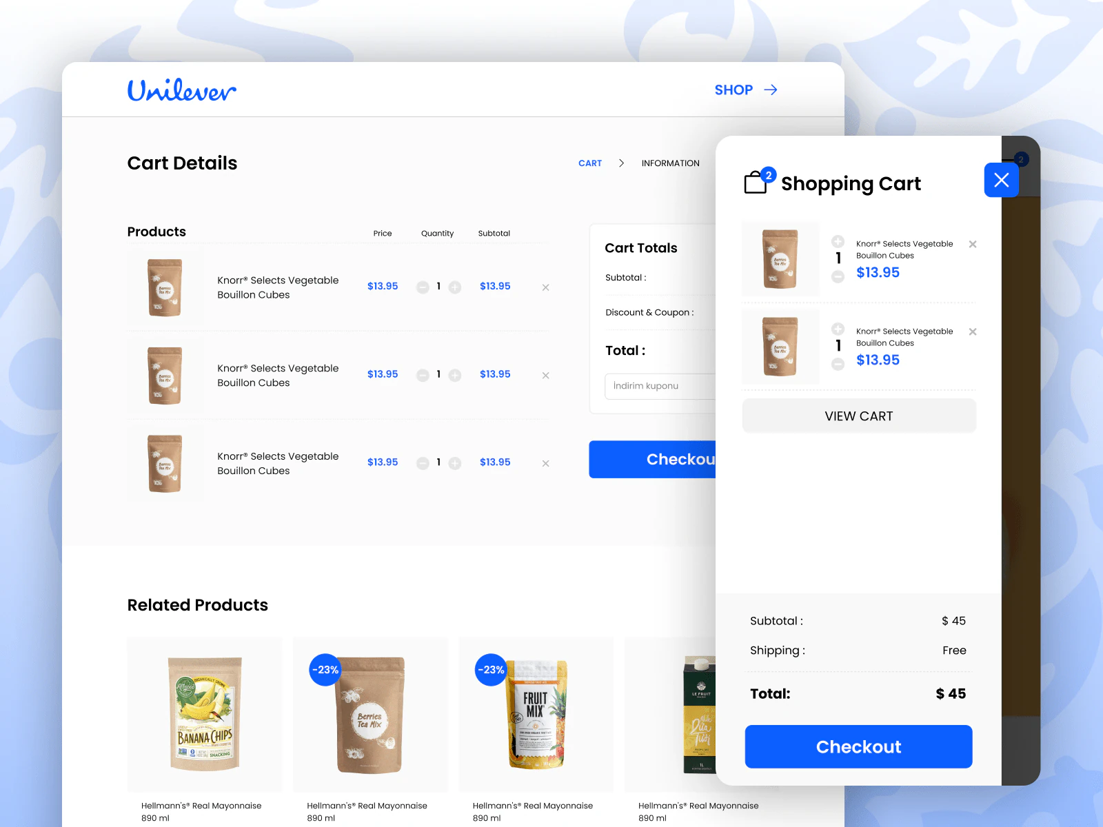 Unilever checkout and shopping cart interfaces across desktop and mobile.
